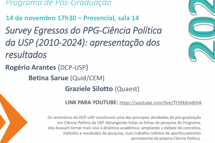 #13 2-2024 Seminário do DCP-USP "Survey Egressos do PPG-Ciência Política da USP (2010-2024)", 14 de novembro, 17h30.